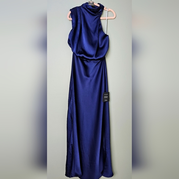 Lulus Women's Distinctive Charm Navy Blue Satin Asymmetrical Midi Dress, XS - Picture 9 of 10